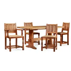 Colin 'Beaverman' Almack, ARTS & CRAFTS DINING ROOM SUITE, CIRCA 1950, 1950, each with leather upholstered drop-in seats