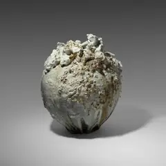 Akiko Hirai, Moon Jar, circa 2020, 2020, stoneware with rugged and cracked porcelain deposits over slips beneath running ash glazes
