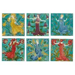 Walter Crane, RARE SET OF SIX 'FLORA'S TRAIN' TILES, CIRCA 1900-1902, 1900, relief moulded earthenware