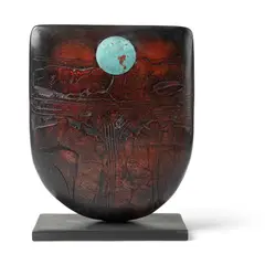 Peter Hayes, Red Bow with Copper Disc, raku with inlaid copper disc
