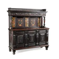 Daniel Cottier, COURT CUPBOARD, CIRCA 1873, 1873, stained and carved oak
