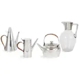 GROUP OF WARES, CIRCA 1880 by Christopher Dresser, 1880, clear glass with silver-plated mount 21cm (8 1/4in), sold Jan 2023