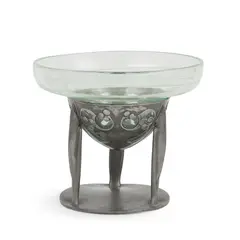 'TUDRIC' AND 'CLUTHA' CENTREPIECE, 1905 by Archibald Knox, 1905, pewter and coloured glass with milky inclusions, sold Jan 2023