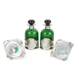 Kate Harris, TWO SCENT BOTTLES, 1904 AND 1909, 1904, green glass with silver mounts