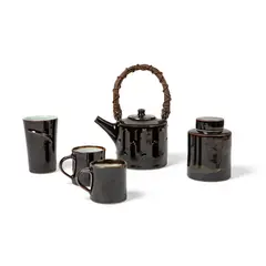 Chris Keenan, Teaset, Cannister and Beaker, porcelain with dark brown glaze