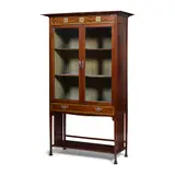 Ernest Archibald Taylor, DISPLAY CABINET, CIRCA 1900, 1900, mahogany inlaid with stained bone and pewter with silvered metal handles the glazed doors enclosing velvet lined interior