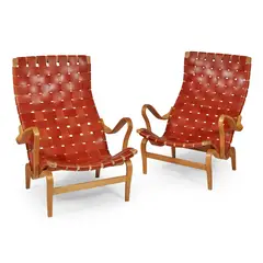 Bruno Mathsson, Pair of 'Miranda' Armchairs, Beech ply with leather woven upholstery