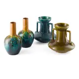 TWO TWIN-HANDLED VASES, CIRCA 1880 by Christopher Dresser, 1880, glazed earthenware, sold Apr 2022
