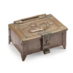 ARTS & CRAFTS CASKET, DATED 1900 by John Pearson, 1900, patinated copper with repoussé decoration, sold Apr 2022