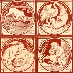 John Moyr Smith, GROUP OF FOUR AESOP'S FABLES SERIES TILES, CIRCA 1878, 1878, printed earthenware