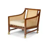 Edward Wormley, CHAIR, 1960S, mahogany cane with upholstered cushion and brass caps and castors