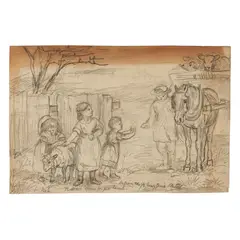 Hannah Barlow, ‘DEFIANCE- BUTCHER COMING FOR HER LAMB’, HALF-HOUR TIME SKETCH, CIRCA 1870, 1870