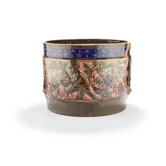 JARDINIÈRE, CIRCA 1885 by Ernest Chaplet, 1885, relief-moulded and glazed ceramic with gilt highlights, sold Nov 2021