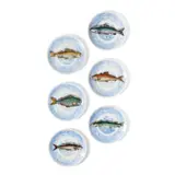 Set of Six 'Piscibus' Trompe L'Oeil Plates by Piero Fornasetti, hand coloured transfer printed earthenware with fish over blue and white ground, sold Oct 2021