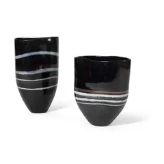Marianne Buus, Two Vases, 1990s, opaque black glass with white and lustre bands
