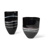Marianne Buus, Two Vases, 1990s, opaque black glass with white and lustre bands