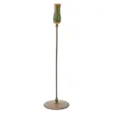 Bronze Blown Out Glass Candlestick by Tiffany Studios, Bronze candlestick with round foot, long and slender stem, tulip form candleholder with green blown-out glass, sold Dec 2024