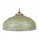 Hanging Lamp by Tiffany Studios, Dome form shade with green slag glass panels, four-light cluster, sold Dec 2023