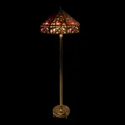 Tiffany Studios, Gilt Bronze Floor Lamp, The round base with four curved feet, long and slender stem issuing six lights with later gilt metal and slag glass foliate motif shade
