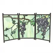 Wisteria Table Screen by Tiffany Studios, Three panels, the purple wisterias on green/blue ground the bronze framed panels with small ball form finials and feet, sold Dec 2023