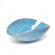 Natzler, Blue Glaze Pottery Bowl, Slightly pinched round bowl, thin vibrant blue glaze partially shows the red earthenware beneath
