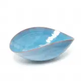 Natzler, Blue Glaze Pottery Bowl, Slightly pinched round bowl, thin vibrant blue glaze partially shows the red earthenware beneath