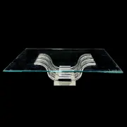 Lalique, Crystal Perls dEau Coffee Table, Rectangular glass top with rounded blue tinted edge, supported by a base with three arched supports mounted to frosted glass plinth