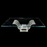 Lalique, Crystal Perls dEau Coffee Table, Rectangular glass top with rounded blue tinted edge, supported by a base with three arched supports mounted to frosted glass plinth