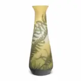 Galle, Cameo Glass Fern Vase, Slightly everted mouth tapering slowly towards round base green over green and clear frosted glass, fern motif