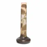Galle, Signed Cameo Vase, Narrow cylindrical body tapers sharply to round base green and brown leaves and flowers over red tinged opaque glass
