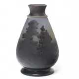 Cameo Glass Vase by Galle, Mouth with flared rim and beaded base, the pear form body with etched cameo glass with forest landscape, round tapered f, sold Apr 2023