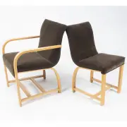 for Heywood Wakefield Dining Chairs by Gilbert Rohde, Comprising two armchairs and four side chairs brown velvet upholstery, sold Apr 2023