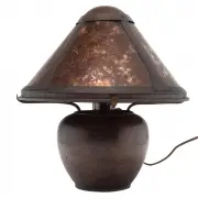 Boudoir Lamp. by Dirk Van Erp, Four panel mica shade, small bulb form lamp, sold Dec 2021