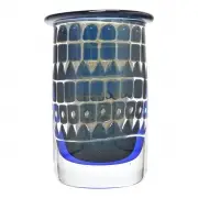 Orrefors, Ingeborg Lundin Ariel Glass Vase., Cylinder form with evertexc rim, cased blue glass with geometric design with square lucite stand