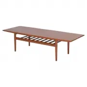 for Glostrup Mbelfabrik Mid-Century Modern Two Teak Tables. by Grete Jalk, Silver stickers to underside read MADE IN DENMARK BY glostrup mobelfabrik FURNITURE MAKERS DANISH CONTROL, sold Jan 2021