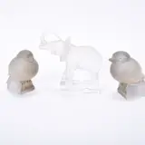 Lalique, Glass Elephant and a Pair of Martel Glass Birds