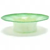 Favrile Glass Green Pastel Irisdescent Bowl. by Tiffany Studios, 1920, Blown and moulded glass with broad rim, tapering bowl, and slight foot. Green-yellow iridescent rim, and white ribbons. , sold Sep 2019