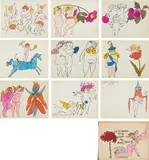 Andy Warhol, In the Bottom of my Garden, 1956, The complete set of 21 offset lithographs (including the cover), 16 with hand-coloring, on wove paper, the full sheets bound in paper-covered boards (as issued)
