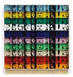 Portrait of the Artists, from Ten from Leo Castelli by Andy Warhol, 1967, One hundred screenprints in 10 colors, on polystyrene boxes, the center purple Rosenquist box with a split (measures app, sold Oct 2018