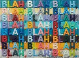 Mel Bochner, Blah, Blah, Blah, 2018, Monoprint with collage, engraving, embossing and oil paint in colors, on handmade and hand-dyed Twinrocker paper, the full sheet