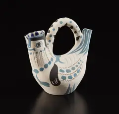 Spanish pitcher (Pichet Espagnol) by Pablo Picasso, 1954, White earthenware turned vase painted in colors, with knife engraving and partial brushed glaze; ceramic, Madoura editio, sold Oct 2018