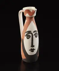 Face (Visage) by Pablo Picasso, 1955, White earthenware turned jug, painted in colors, with glaze on the inside; ceramic, Madoura edition, sold Oct 2018