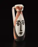 Face (Visage) by Pablo Picasso, 1955, White earthenware turned jug, painted in colors, with glaze on the inside; ceramic, Madoura edition, sold Oct 2018