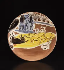 Arrastro by Pablo Picasso, 1959, White earthenware round platter, painted in colors with brushed glaze; ceramic, Madoura edition, sold Oct 2018