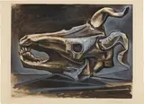 Pablo Picasso, Le crâne de chèvre sur la table (Goat Skull on the Table), 1953, Aquatint in colors, on Rives BFK paper, with full margins