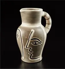 Grey engraved pitcher (Pichet gravé gris) by Pablo Picasso, 1954, White earthenware turned pitcher, painted in black, white and grey patina, with knife engraving and partial brushed glaz, sold Oct 2018