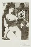 Pablo Picasso, Vieux clown avec une ravissante personne (Old Clown with a Lovely Person), plate 49 from the 347 Series, 1968, Aquatint, on Rives BFK paper, with full margins