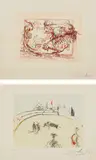La Télévision; and La Tauromachine au tiroir, from Tauromachie surréaliste (Television; and Bullfight in a Drawer, from Surrealistic Bullfight) by Salvador Dalí, 1966-67, Two etchings with aquatint and stencil hand-coloring, on Arches paper, with full margins, sold Oct 2018