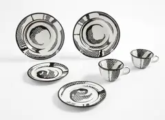 Roy Lichtenstein, Dinnerware, 1966, Group of six glazed ceramic dishes in colors, including two cups, two saucers, and two bowls