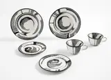 Roy Lichtenstein, Dinnerware, 1966, Group of six glazed ceramic dishes in colors, including two cups, two saucers, and two bowls